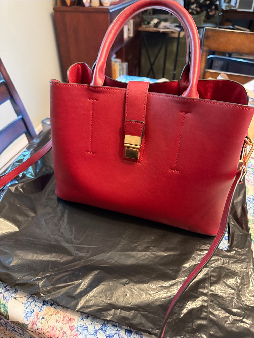 Classic Red Leather Tote with Gold Accent
